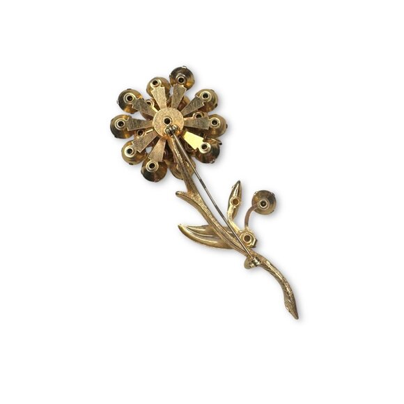 Unsigned Brown Clear Crystal Layered Glass Gold Flower Brooch - Picture 2 of 11
